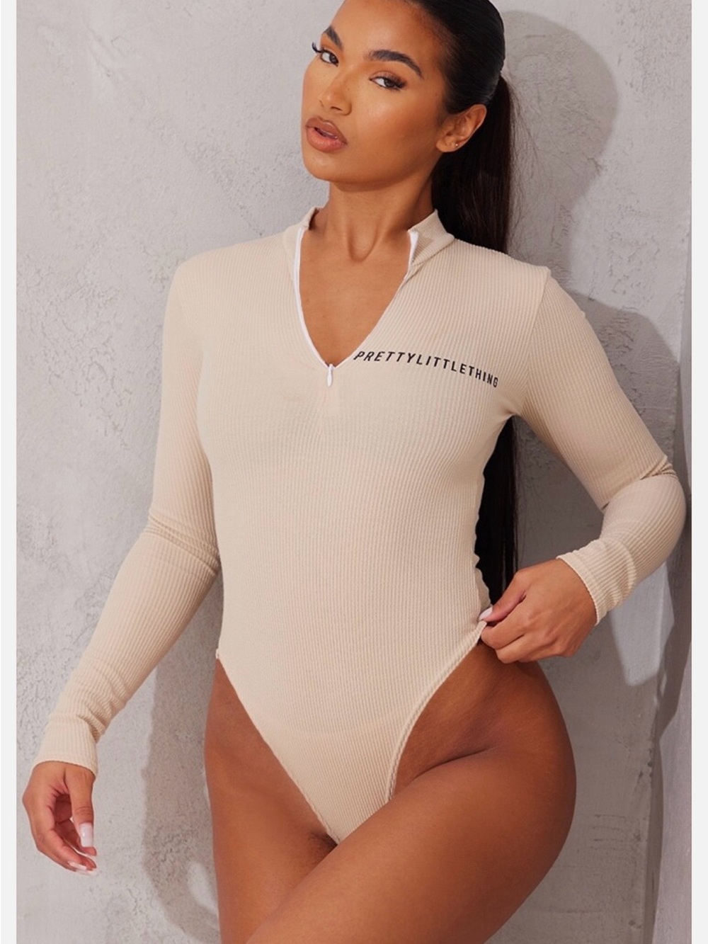 PrettyLittleThing Beige Ribbed Long Sleeve Bodysuit